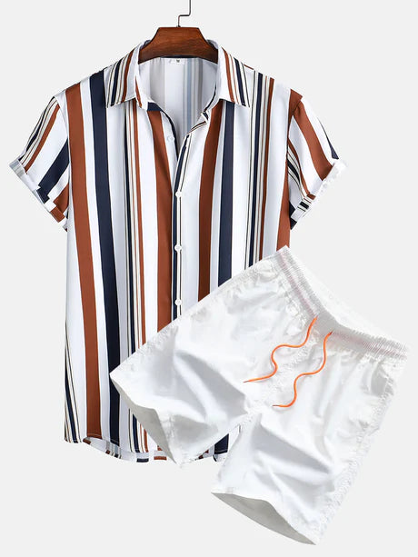Colored Striped Print Shirt And Swim Shorts