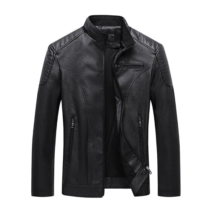 Men's Solid Leather Stand Collar Jacket