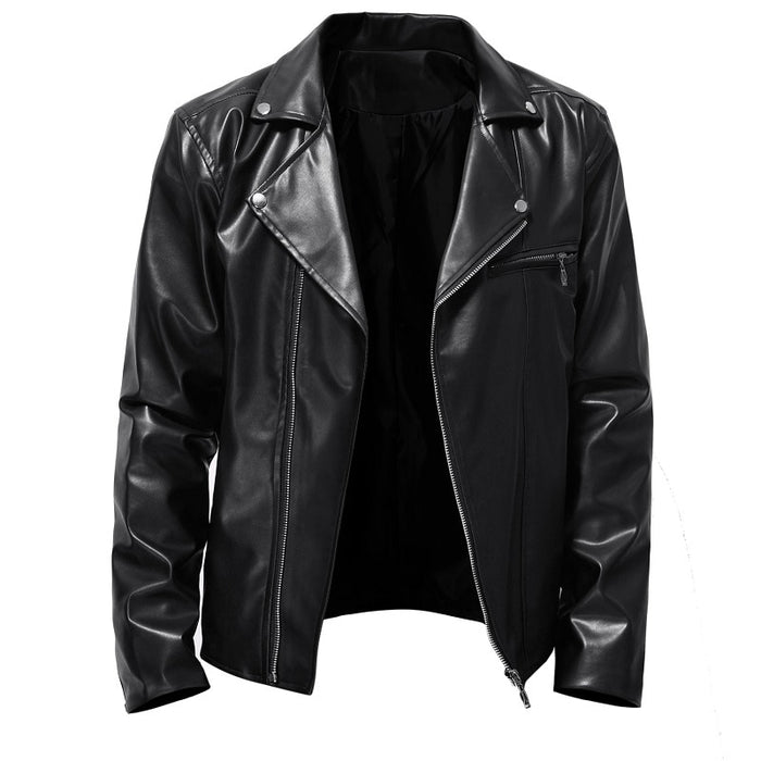Men's Solid Leather Motorcycle Zipper Jacket