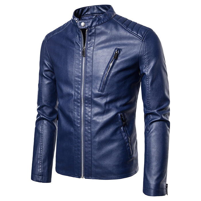 Men's Solid Leather Biker Zipper Jacket