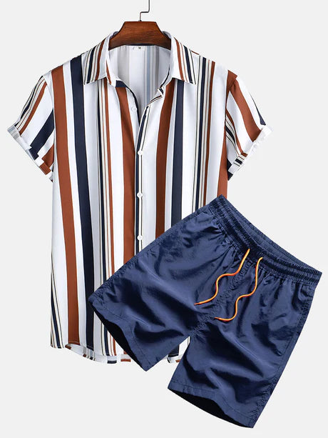 Colored Striped Print Shirt And Swim Shorts