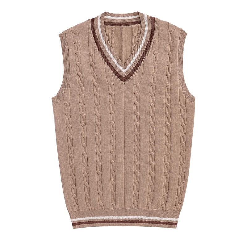 Striped Trim Cable Knit Vest