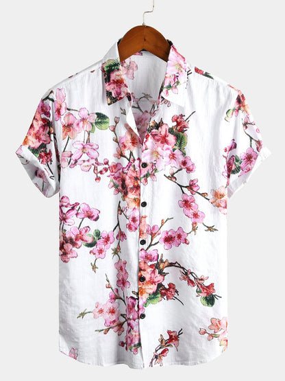 Men Flower Print Hawaiian Short Sleeve Shirt