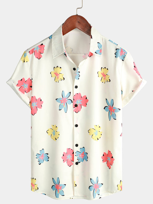 Men Summer Floral Print Button Up Short Sleeve Shirt