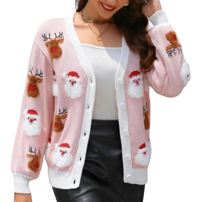 Christmas Themed Knitted Holiday Button Up Sweater