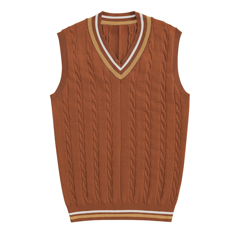 Striped Trim Cable Knit Vest