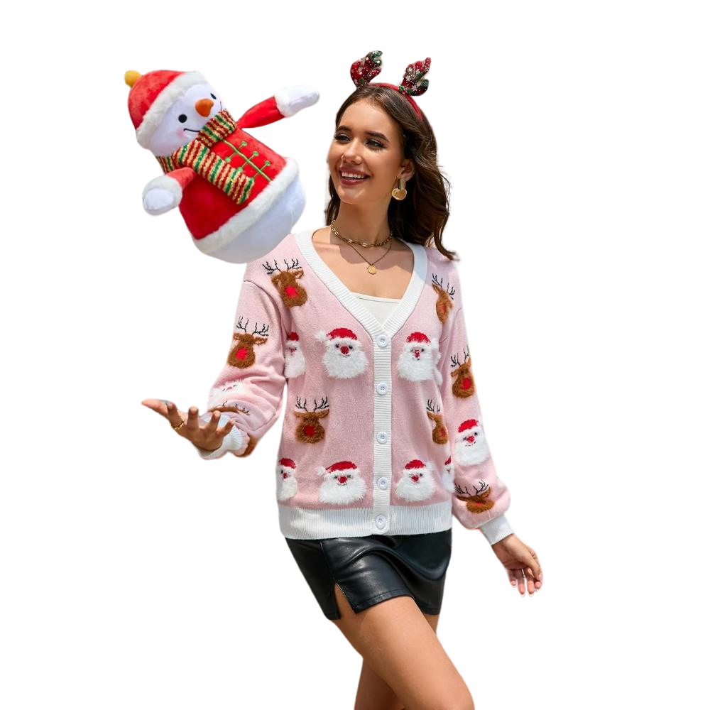 Christmas Themed Knitted Holiday Button Up Sweater