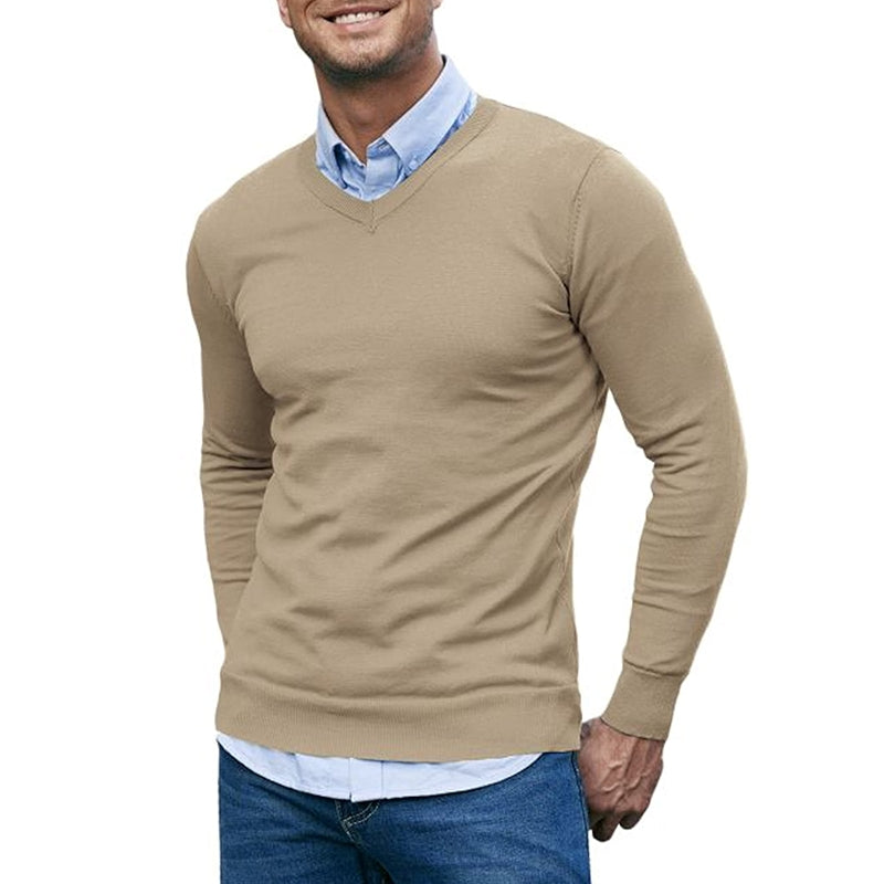 Solid Colored Casual V Design Long Sleeves Pullover