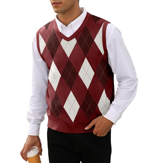 Argyle Knitwear Vest V Neck Sleeveless Casual Pullover Sweater