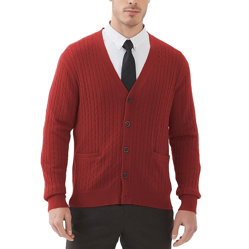 Kallspin Cardigan Sweater Wool Blend Cable Knit V Neck Buttons