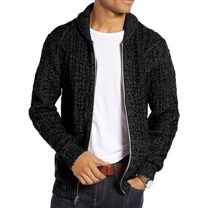 Shawl Neck Cardigan Sweater Cable Knit Zip Up With Pockets