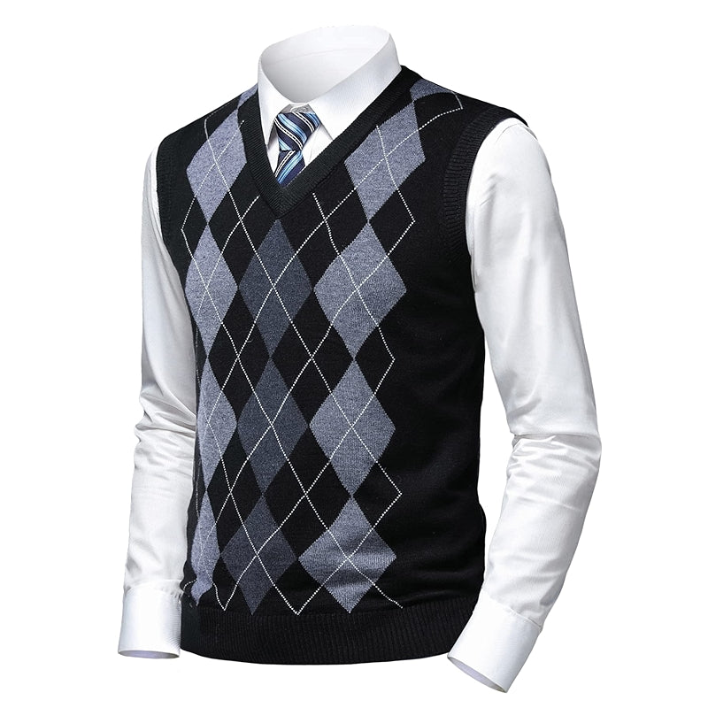 Argyle Sweater Vest Classic V Neck Sleeveless Pullover Knitwear