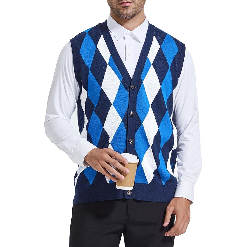 Argyle Sweater Vest V Neck Sleeveless Knitwear