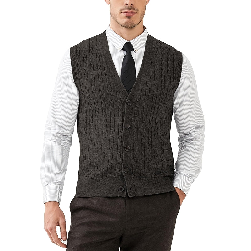 Cable Knit Sweater Vest Wool Blend V Neck Button Down Sleeveless