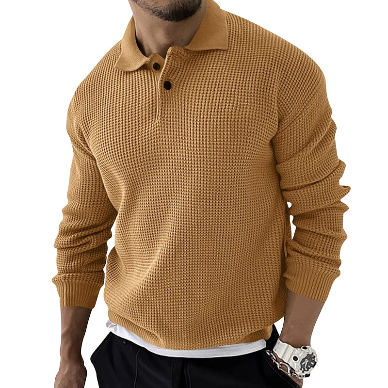 Long Sleeve Polo Sweater Casual Quarter Button Up Lapel Collar