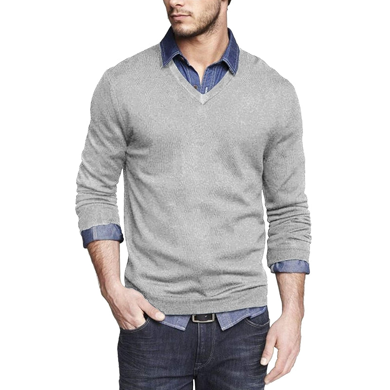 Solid Colored Casual V Design Long Sleeves Pullover