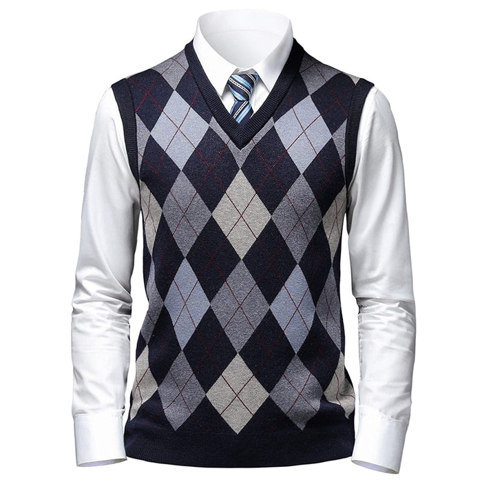 Thick Argyle Sweater Vest Classic V Neck Knitwear Sleeveless Pullover