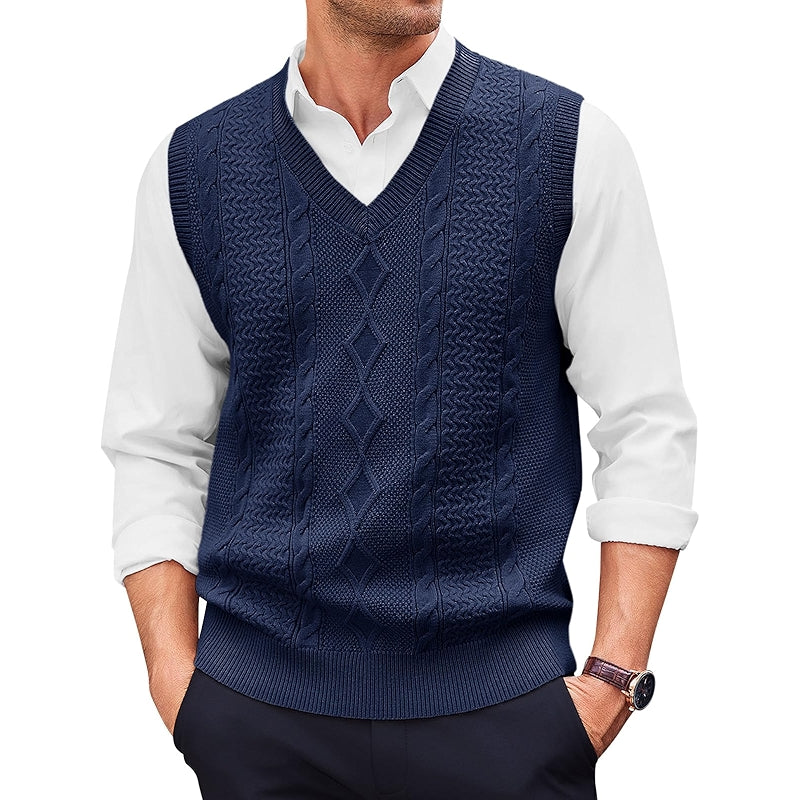 Casual V Neck Sweater Vest Cable Knitted Pullover Knitwear