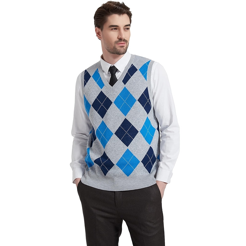 Argyle Vest Sweater Wool Blend V Neck Sleeveless Pullover