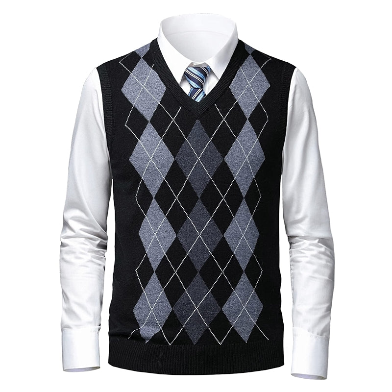 Argyle Sweater Vest Classic V Neck Sleeveless Pullover Knitwear