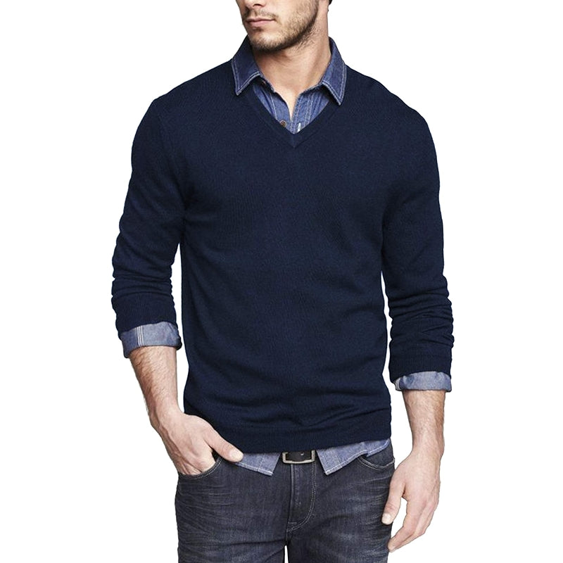 Solid Colored Casual V Design Long Sleeves Pullover