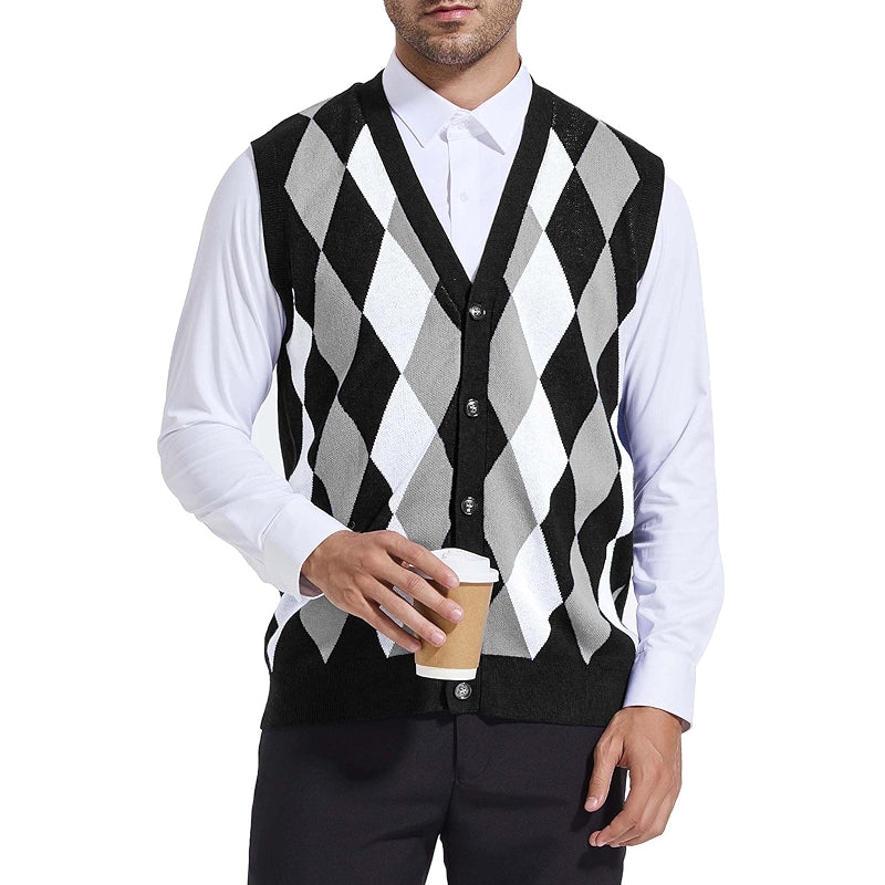 Argyle Sweater Vest V Neck Sleeveless Knitwear