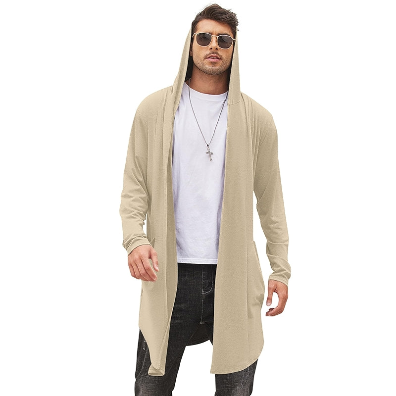 Long Hooded Cardigan Open Front Drape Cape Overcoat With Pockets