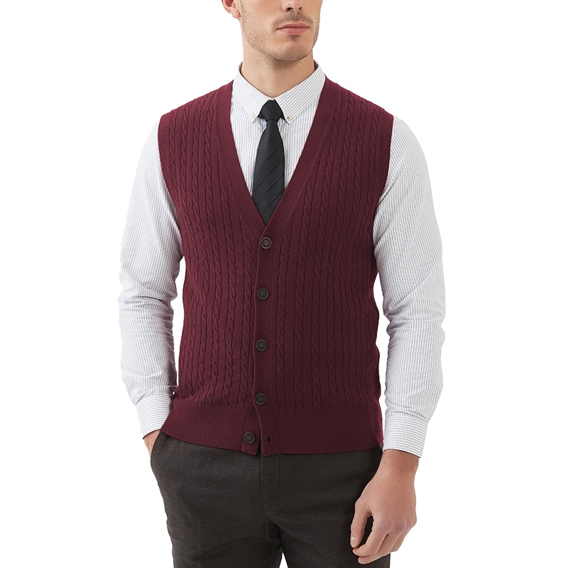 Cable Knit Sweater Vest Wool Blend V Neck Button Down Sleeveless