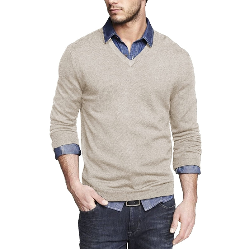 Solid Colored Casual V Design Long Sleeves Pullover