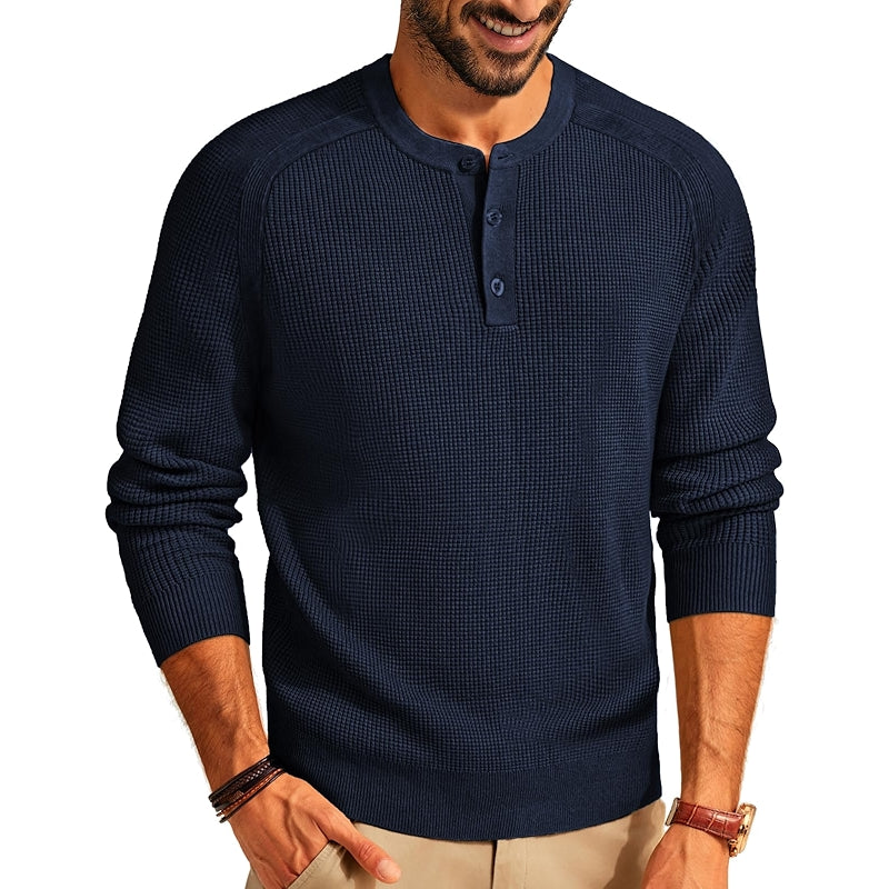 Henley Sweater Waffle Crewneck Pullover