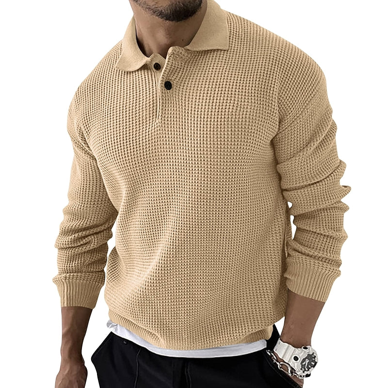 Long Sleeve Polo Sweater Casual Quarter Button Up Lapel Collar