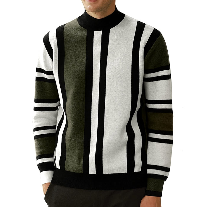 Vintage Stripes Pullover Stand Collar Mockneck Jumper Sweater