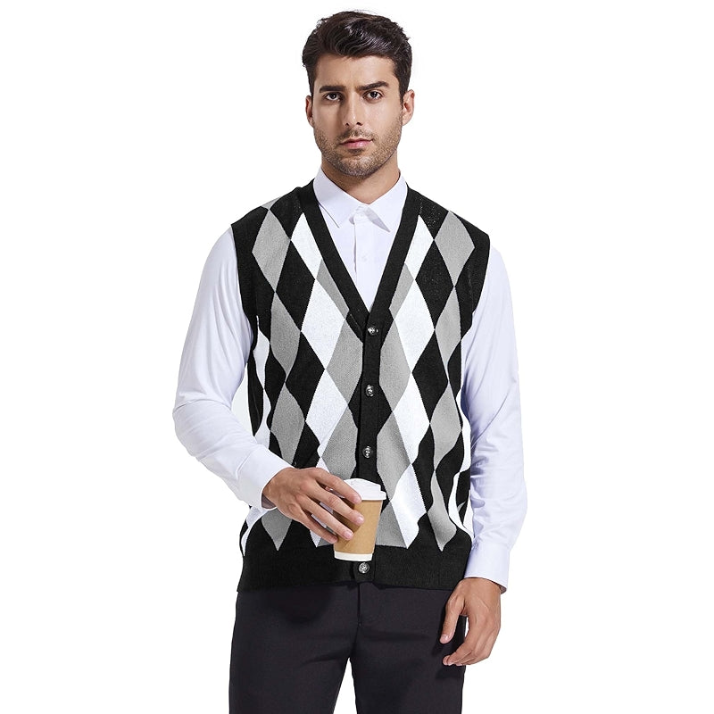 Argyle Sweater Vest V Neck Sleeveless Knitwear