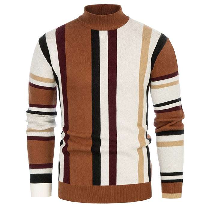 Vintage Stripes Pullover Stand Collar Mockneck Jumper Sweater