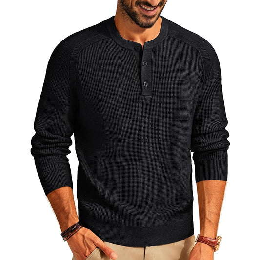 Henley Sweater Waffle Crewneck Pullover Jumper