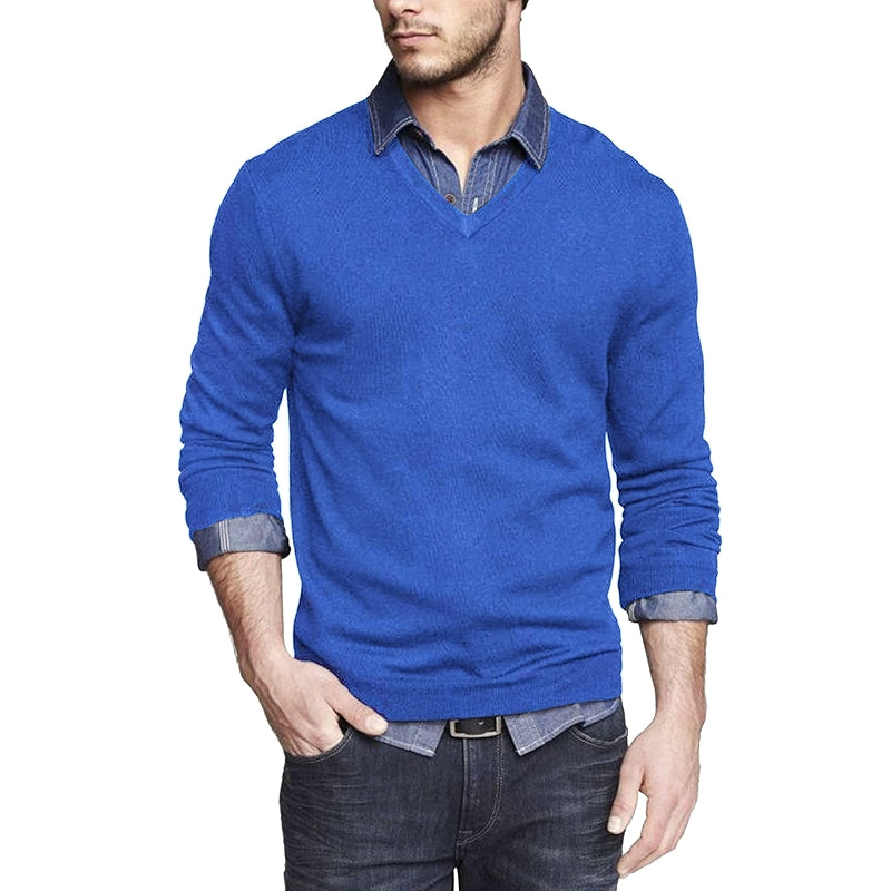 Solid Colored Casual V Design Long Sleeves Pullover