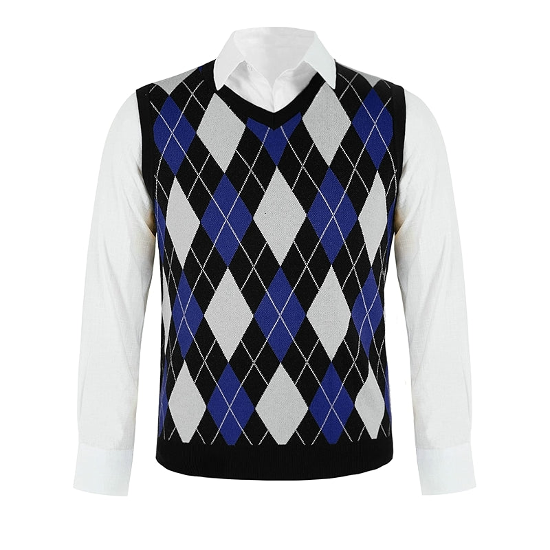 Argyle Sweater Vest Sleeveless V Neck Knit Pullover