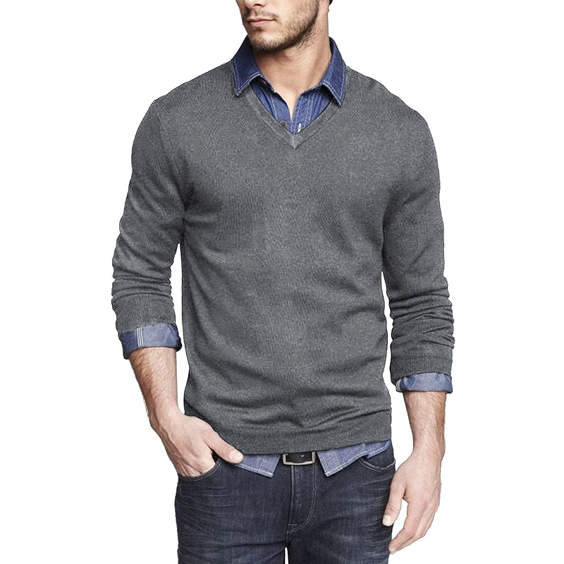 Solid Colored Casual V Design Long Sleeves Pullover