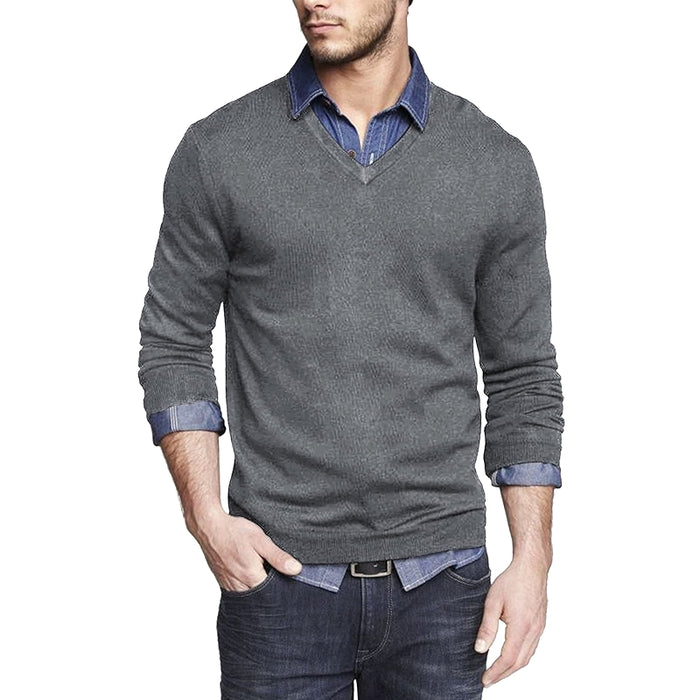 Solid Colored Casual V Design Long Sleeves Pullover