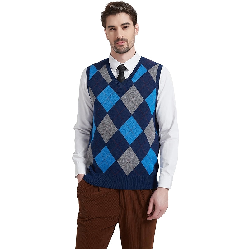 Argyle Vest Sweater Wool Blend V Neck Sleeveless Pullover