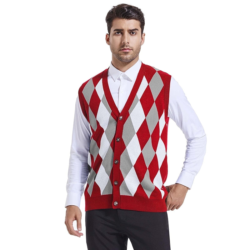 Argyle Sweater Vest V Neck Sleeveless Knitwear