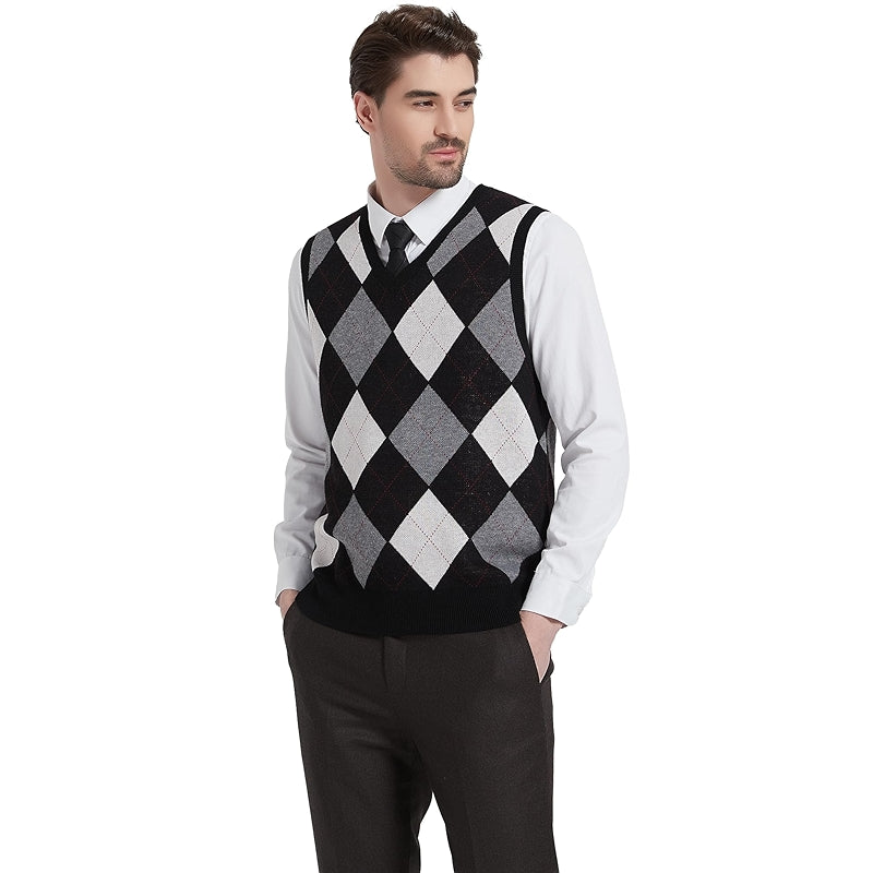 Argyle Vest Sweater Wool Blend V Neck Sleeveless Pullover