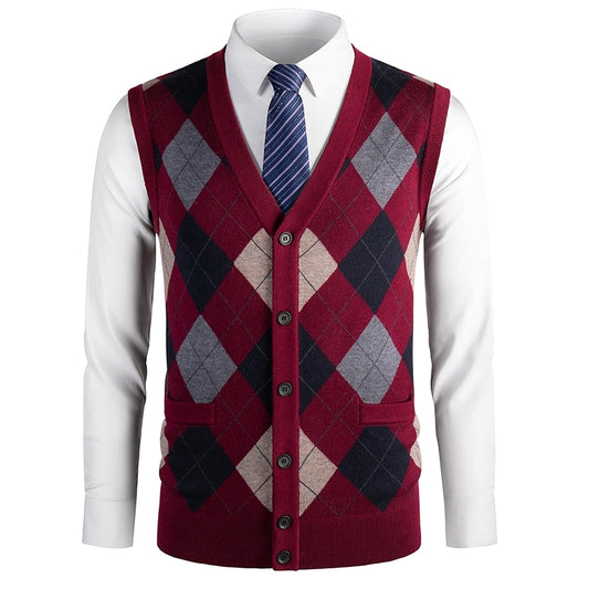 Thick Argyle Sweater Vest Classic V Neck Knitwear Sleeveless Pullover