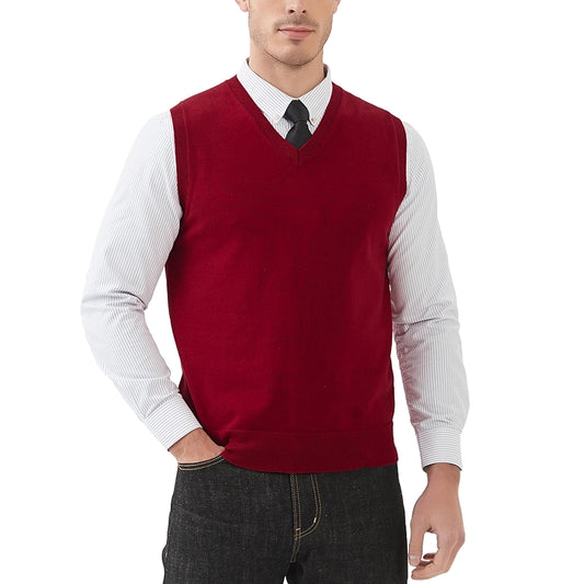 Pure Cotton Sweater Vest V Neck Regular Fit Knit Sleeveless Pullover