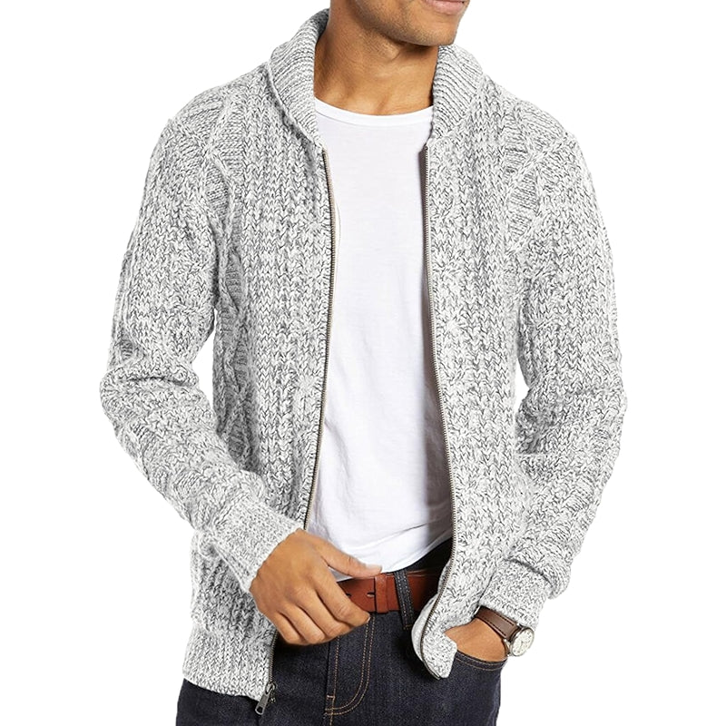 Shawl Neck Cardigan Sweater Cable Knit Zip Up With Pockets