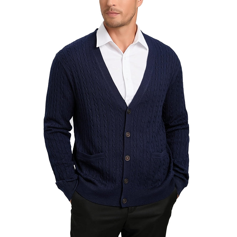 Kallspin Cardigan Sweater Wool Blend Cable Knit V Neck Buttons