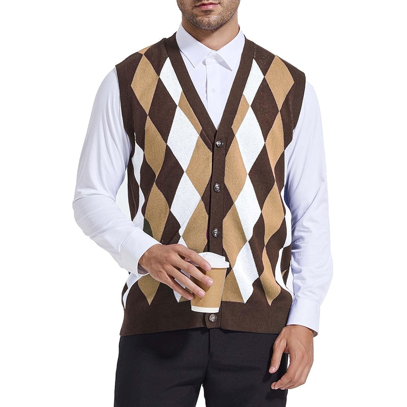 Argyle Sweater Vest V Neck Sleeveless Knitwear