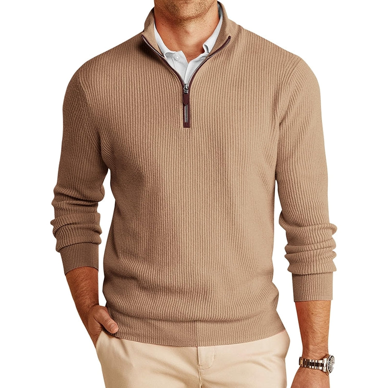 Quarter Zip Pullover Sweater Casual Mock Neck Ribbed