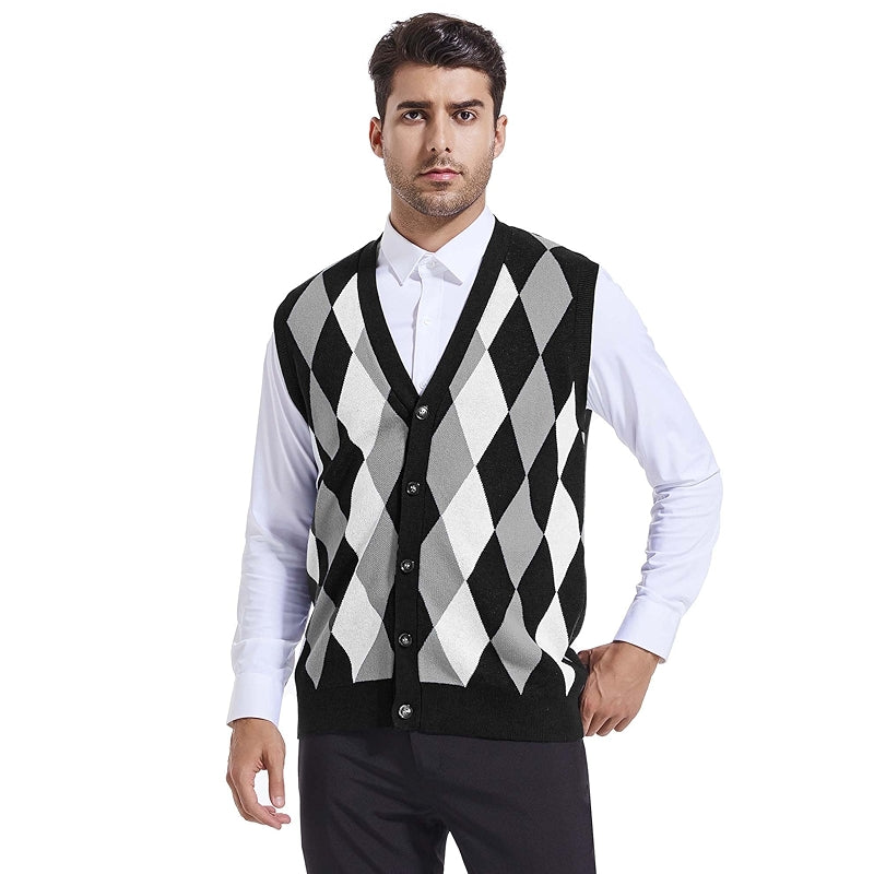 Argyle Sweater Vest V Neck Sleeveless Knitwear