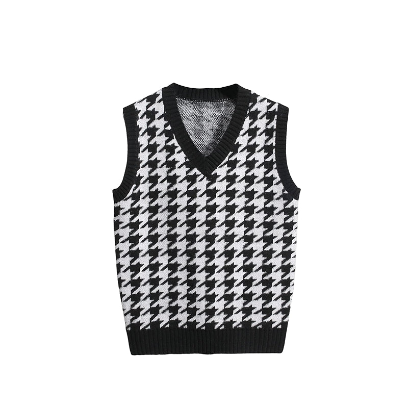 Houndstooth Sweater Vest Sleeveless V Neck Casual Rib Knit Top